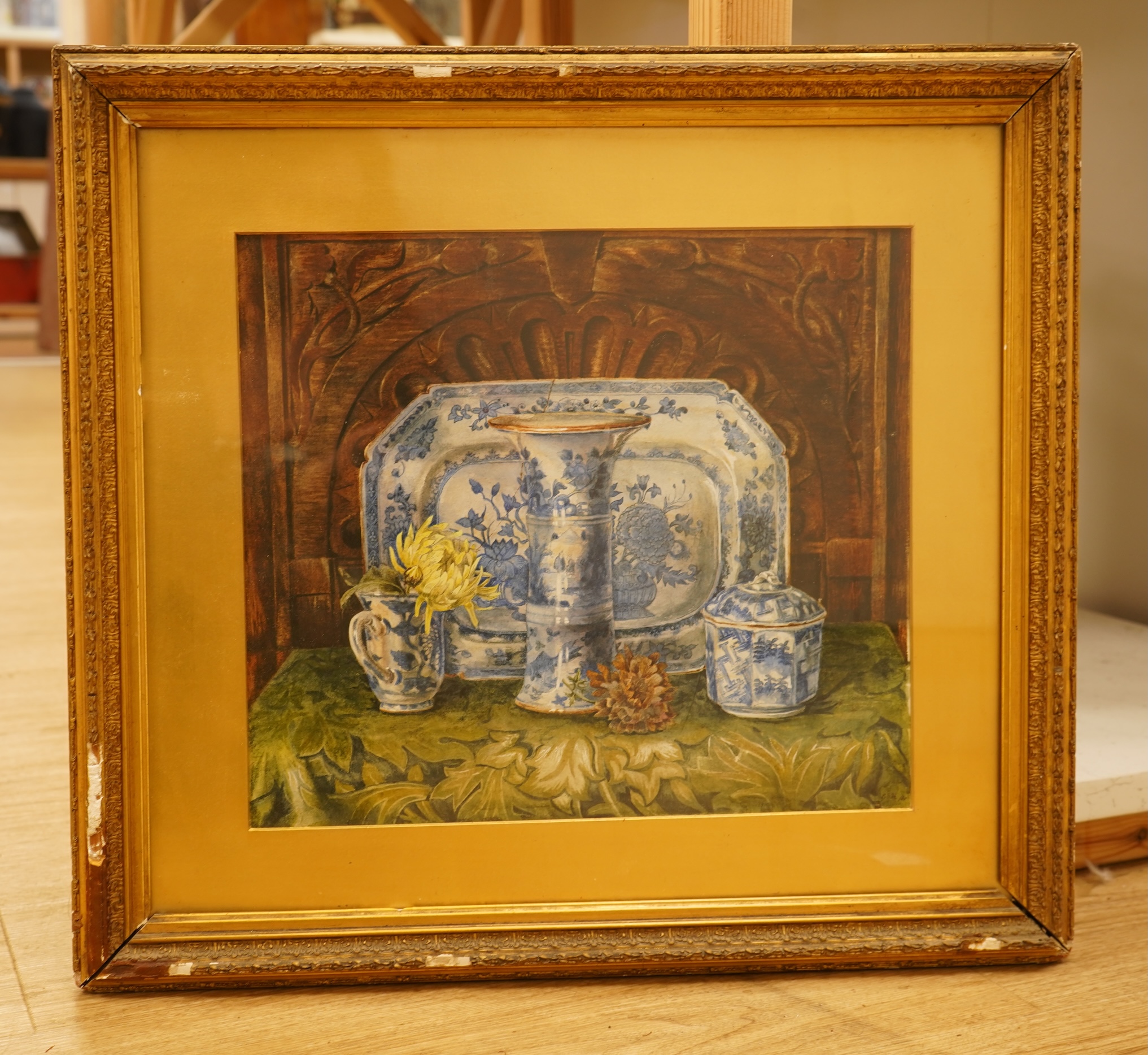 E S H monogrammist, Still life of flowers and blue and white porcelain, monogrammed and dated '80, 30 x 34cm, ornate gilt frame